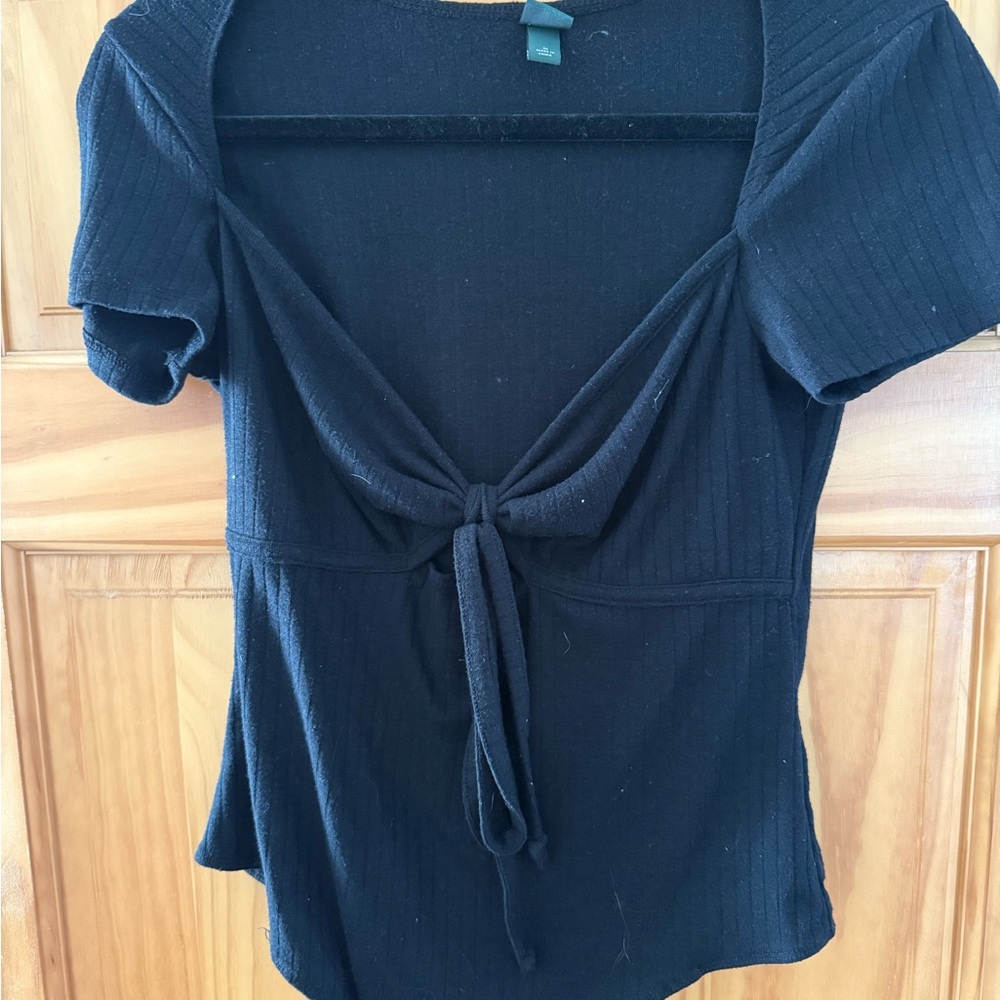 Wild Fable Blue Tie-Front Ribbed Blouse Short Sleeve